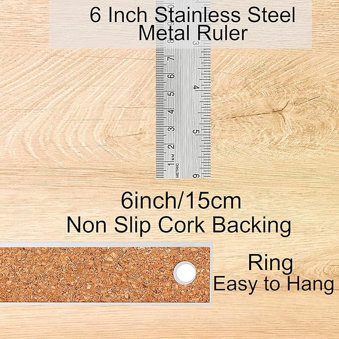 Metal Ruler 6 Inch:[1 Pieces 6 Inch] Non-Slip Cork Backing Rulers with Inch and Centimeters Prevent Ink Leakage:for School Office Drawing Engineering