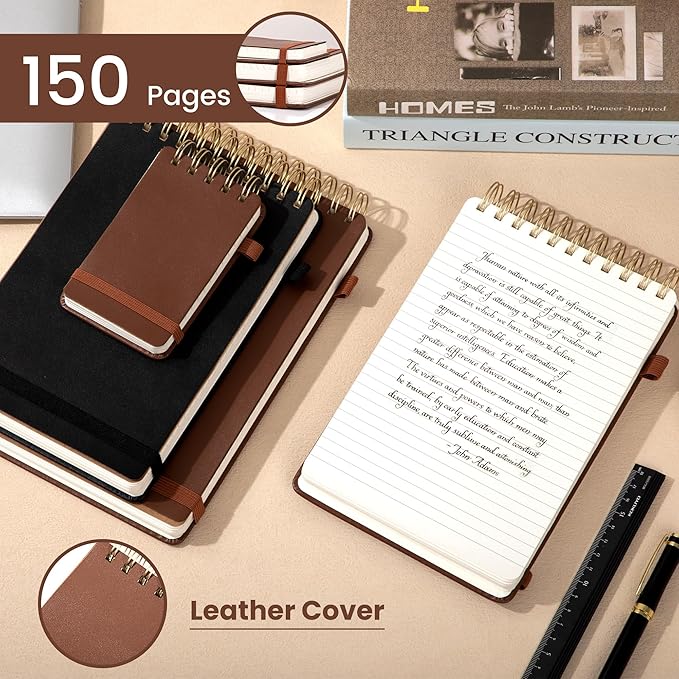 Yoment Small Notebooks 3x5 Leather Pocket Notepad 150 Pages Mini Top Spiral Notebook, 100 GSM Thick Paper, Memo Note Pads for Work School Nursing, Brown