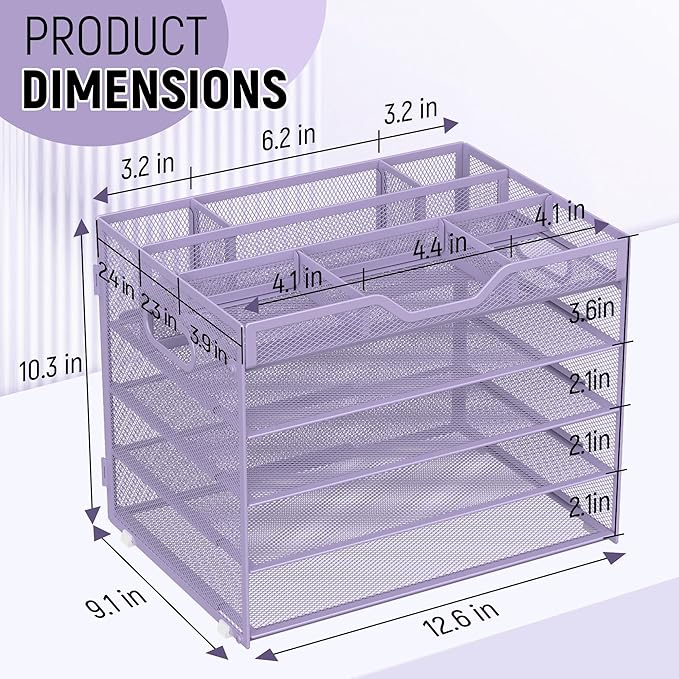 Docnest 5 Tier Mesh Desk Organizer- Letter Tray with Adjustable Compartments, Mesh Desktop Storage Built in Pen Holder and Handles, Desk Organizer Tray for Mail Documents Office Supplies–Purple