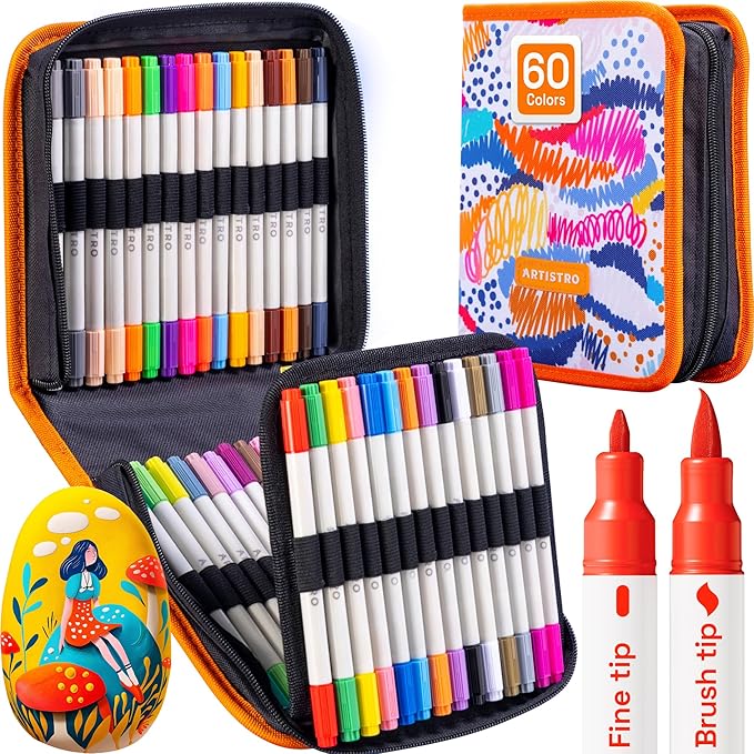 ARTISTRO 60 Dual Tip Fabric Markers - Acrylic Drawing Markers for All Ages & Levels - Fabric Paint Pens for Personalizing Clothes, T Shirts, Bags, Canvas, Textiles (Brush + Fine)