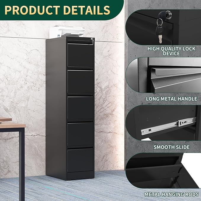 5 Drawer File Cabinet with Lock, Steel Vertical Filing Storage Cabinet for Home Office, Heavy-Duty File Cabinets for Letters/Legal/A4 (Require Assembly, Black)