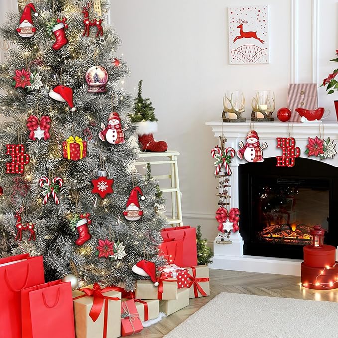 Huwena 36 Pcs Christmas Wooden Ornaments Red Xmas Tree Decorations Snowman Gnomes Poinsettia Flowers Truck Wreath Wood Cutouts Tags with Ropes Winter Christmas Decor for Xmas Tree Home Wreath Gifts