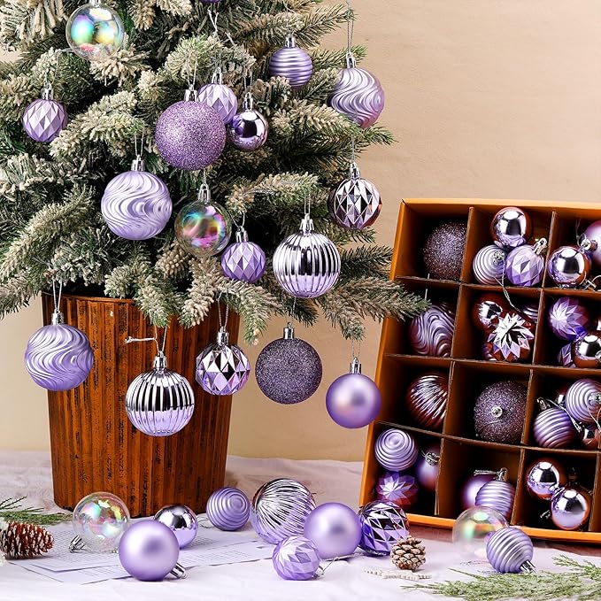 64 Pcs Lilac Purple Christmas Ball Ornaments Lavender Purple Christmas Ornaments Shatterproof Xmas Tree Decorations Set 1.6/1.97/2.4 Inch Light Pastel Purple Christmas Decor for Tree Home