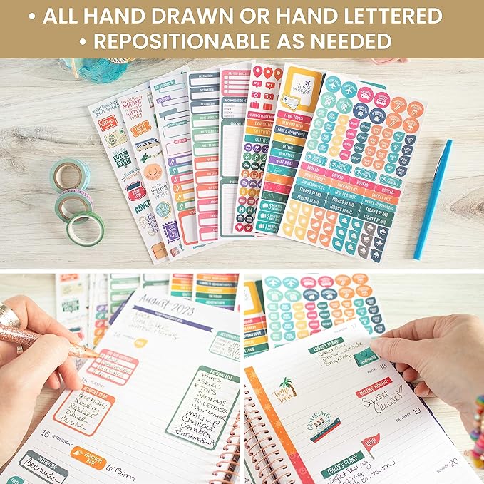 bloom daily planners Travel Planner Stickers - 8 Sheets / 450 Stickers - Adventure Variety Pack for Trip Planning, Scrapbooking, Calendar Decorating, Vacation Journaling - Colorful Icons & Quotes