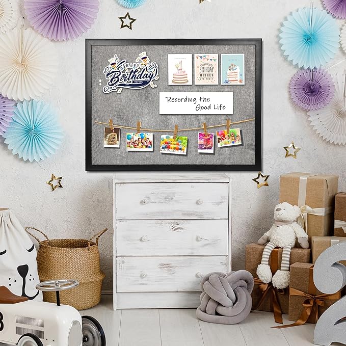 SHANTRA 36 x 24 Inch Bulletin Board with Grey Fabric, Wood Framed Canvas Cork Board, Corkboard for Walls with 10 Pins, Decorative Vision Board, Wall Mounted Notice Board for Home, Office, School