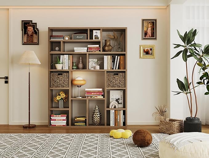 BLANKSPACE 71'' H 6-Tier Large Bookcase, Heavy Duty Storage Shelf - Freestanding Organizer for Bedroom 2 Woven Baskets, Home Office, Living Room, Brown Walnut