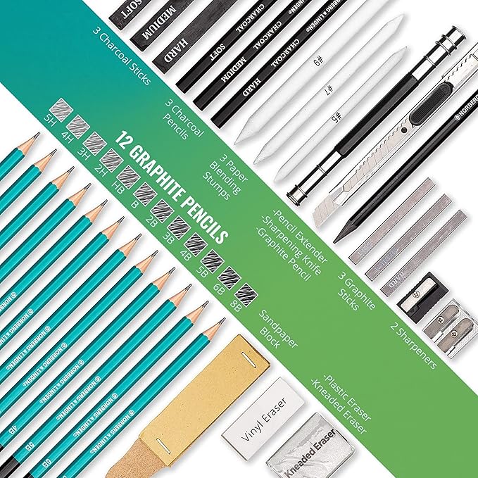 Norberg & Linden XL Drawing Set - Sketching, Graphite and Charcoal Pencils. Includes 100 Page Drawing Pad, Kneaded Eraser, Blending Stump. Art Kit and Supplies for Kids, Teens and Adults