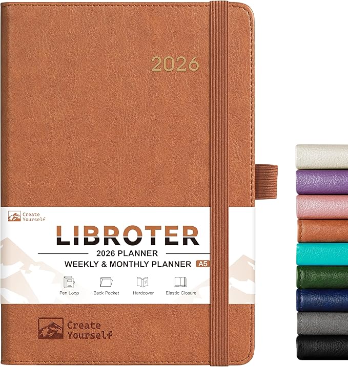 2026 Planner - Planner 2026, 2026 Weekly Monthly Planner, Jan.2026 - Dec.2026, 5.7'' x 8.4'', Thick Paper, Leather Cover, Pen Holder, Back Pocket, Bookmarks, Perfect Daily Organizer - Brown