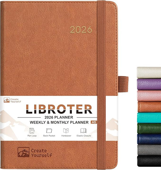 2026 Planner - Planner 2026, 2026 Weekly Monthly Planner, Jan.2026 - Dec.2026, 5.7'' x 8.4'', Thick Paper, Leather Cover, Pen Holder, Back Pocket, Bookmarks, Perfect Daily Organizer - Brown