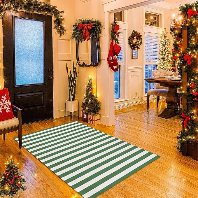 Christmas Green & White Striped Rug - 4' x 6' Outdoor Front Door Decor Mat Cotton Washable Hand-Woven Rug Christmas New Year Holiday Porch Entryway Layered Doormat
