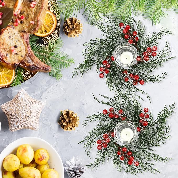 10 Pcs Christmas Candle Rings Wreath Artificial Candle Rings with Red Berry, Snowy Pine Garland Candle Ring Holder for Christmas Decorations Table Centerpiece