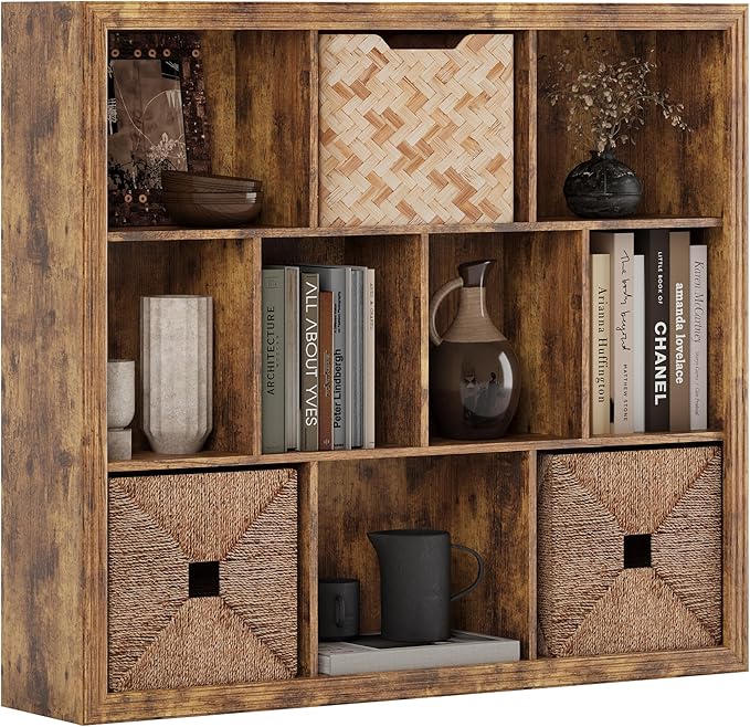 Wooden 10-Cube Storage Organizer, 3-Tier Bookshelf, Wood Brown Bookshelf, Bookcase, Cubical Storage Shelf with 3 Removable Back Panels for Bedroom Home and Office (Brown)