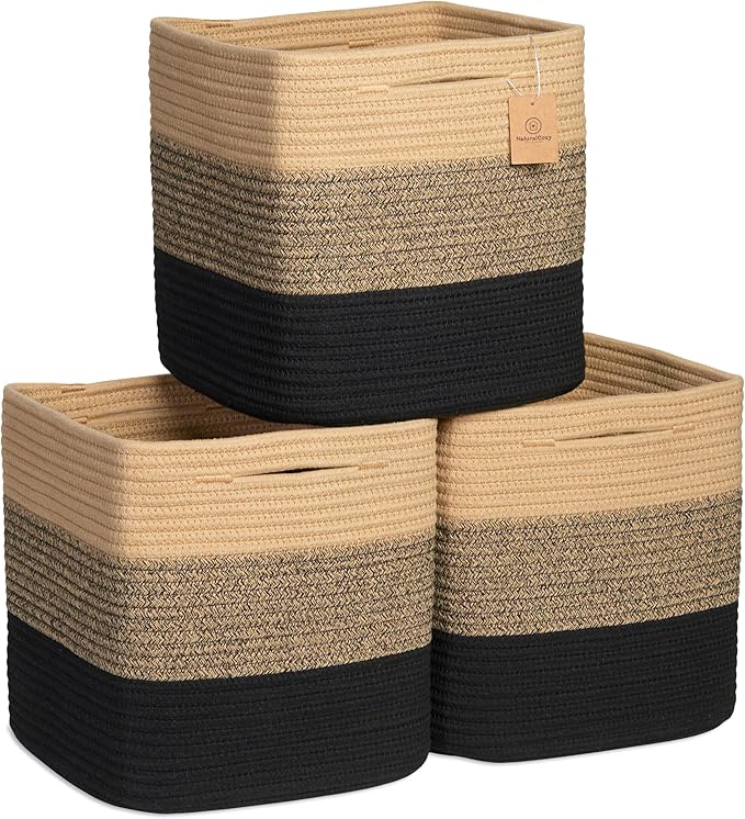 NaturalCozy Storage Cubes 11 Inch Cotton Rope Woven Baskets for Organizing, 3-Pack | Cube Storage Bin | Square Storage Baskets for Shelves Organizer, Classroom, Kids Toy Bins, Closet, Baby Nursery
