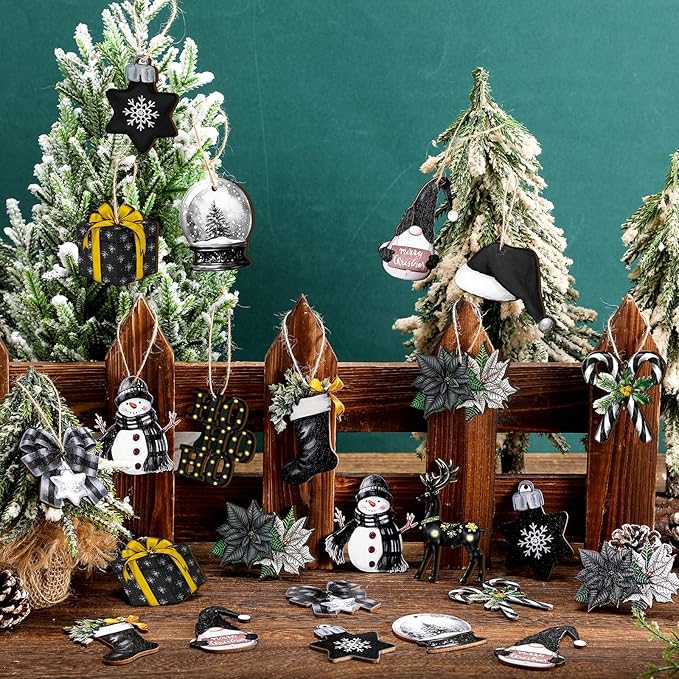 Huwena 36 Pcs Black Christmas Wooden Ornaments Black Christmas Decorations for Tree Snowman Gnomes Poinsettia Flowers Truck Wreath Wood Cutouts Tags with Ropes Winter Decor for Xmas Tree Gifts