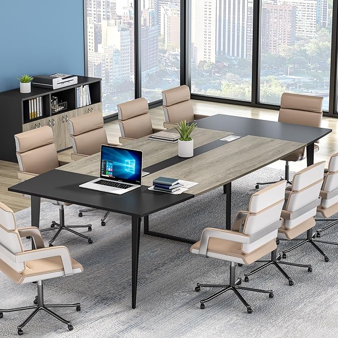 Tribesigns 8FT Conference Table, 94.48L x 47.21W x 29.52H Inches Boat Shaped Meeting Table with Rectangle Grommet, Modern Seminar Boardroom Table for Office Conference Room (Grey & Black, 8ft)