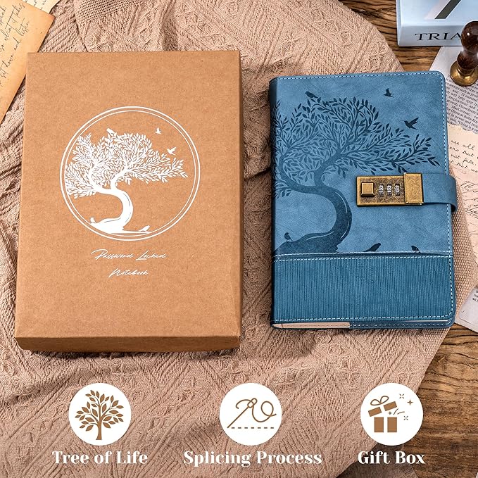 Vintage Diary with Lock for Women Girls 256 Pages Leather Password Journal with Lock A5 Locking Journals for Writing Note Taking Boys Men, 5.9x 8.3 in, Blue