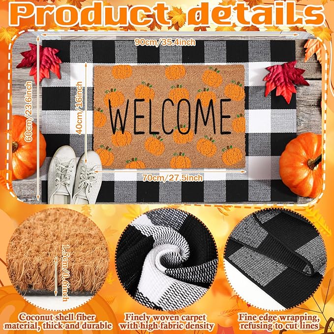 2 Pcs Thanksgiving Coir Doormat Outdoor Thanksgiving Orange Pumpkin Welcome Outdoor Rugs for Layered Buffalo Black White Plaid Mats for Autumn Fall Front Door Porch Entryway Decor