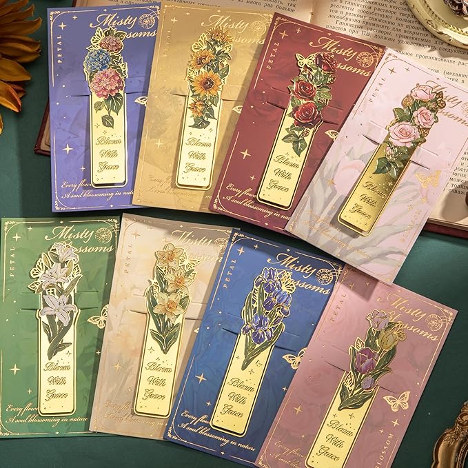 8 Pieces Metal Clip Bookmarks, Golden Hollow Floral Bookmark Monet Oil Painting Theme Book Mark Birthday Funny Art Gifts for Women Book Lovers Writers Readers Children Teens Men