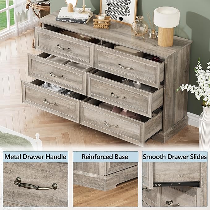 6 Drawer Dresser for Bedroom, 53" Wide Wooden Chest of Drawers, Rustic Farmhouse Dresser with Large Drawers & Metal Handles, Modern Storage Organizer for Closet, Living Room, Hallway, Grey