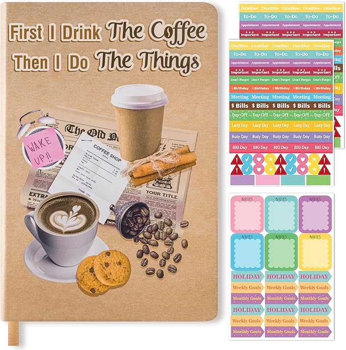 B1ykin Hardcover Ruled Journal Notebook with Planner Stickers, 196 Pages PU Leather Journal Notebook Journals Diary Notepad for Writing Travel Business Work School College Note Taking (Coffee)