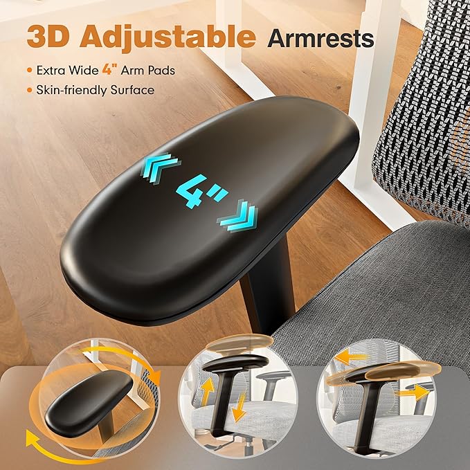 ELABEST Ergonomic Office Chair,Home Desk Chair with Mesh Back,Adjustable Lumbar Support,Built-in Springs Wide Seat,Executive Task Chair with 3-D Big Armrests,Tilt Function,Computer Desk Chair (Grey)