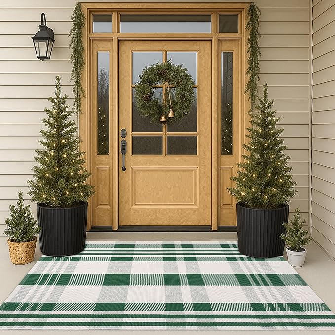 Christmas Green & White Check Rug - 3' x 5' Outdoor Front Door Decor Mat Cotton Washable Hand-Woven Rug Christmas New Year Holiday Porch Entryway Layered Doormat
