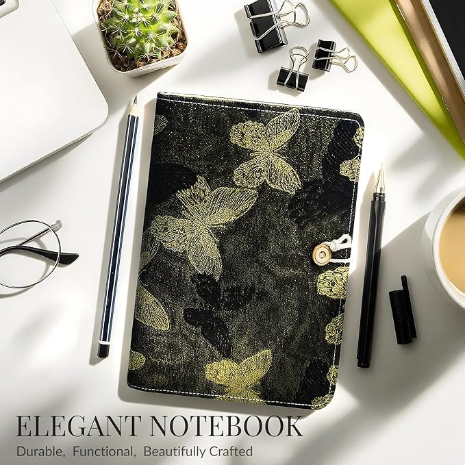 Refillable A5 Loose Leaf Hardcover Notebook, Luxury Gleaming Embroidered Butterfly Black & Gold 6-Ring Planner with Grid Pages, Deluxe Hardcover Gift Set Journal for Study, Work.