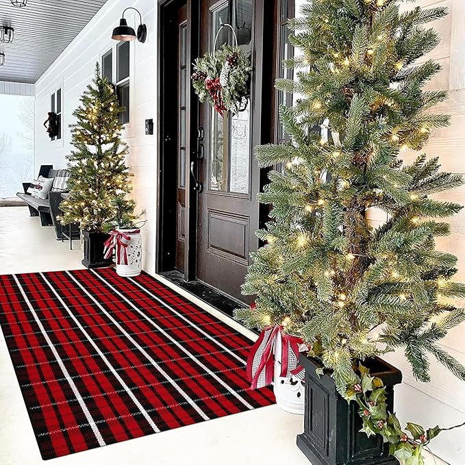 KIMODE Christmas Door Mat Outdoor 35"x59",Red and Black Buffalo Plaid Rug,Washable Cotton Hand-Woven Layered Door Mats,Reversible Outdoor Christmas Decor for Front Porch,Entryway,Kitchen