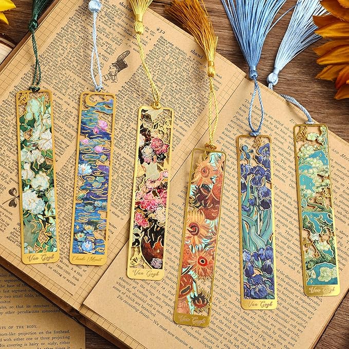 6 Pieces Metal Bookmarks with Tassel, Golden Hollow Bookmark Oil Painting Theme Book Mark Bookmarks for Book Lovers Writers Readers Children Teens Men Women Adults
