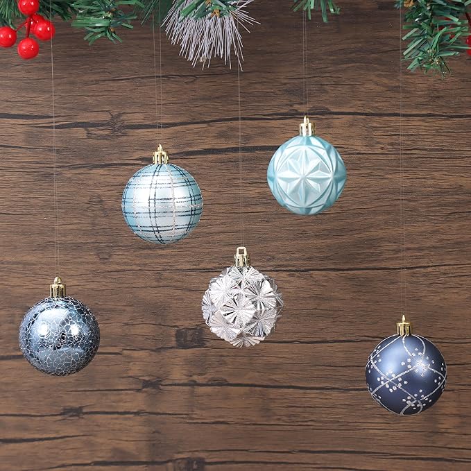 100ct Blue and Silver Christmas Ornaments Set, Shatterproof Christmas Decorations for Tree Plastic Xmas Ball Ornaments with Assortment of Designs and Size for Holiday Party Decor (Black & Silver)