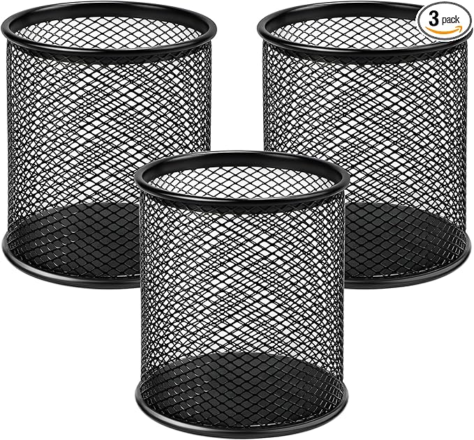MaxGear Pen Holder, 3 Pack Pencil Holder for Desk, Premium Mesh Metal Desk Organizer with Non-Slip EVA Pad, Desk Accessories & Workspace Organizers for Home, School & Office, Black, 3.7’’ Tall