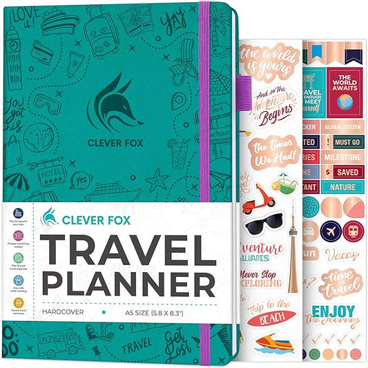 Clever Fox Travel Journal – Vacation & Trip Organizer with Budget Plan, Packing List, Travelling Expense Tracker, A5 (Turquoise)