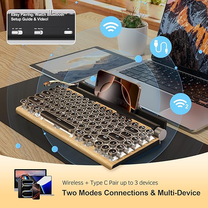 Retro Typewriter Wireless Mechanical Gaming Keyboard, Bluetooth 5.0 Office Computer Vintage Keyboards 83-Key Blue Switches Punk Round Keycap, LED Backlight, Compatible with PC/Laptop/Pad/Phone, Wood