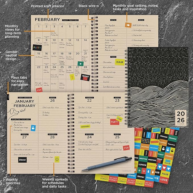 TF Publishing 2026 Rolling Waves Medium Weekly Monthly Planner with 12-Month Calendar Grid, Goals and Task Trackers - Weekly Schedule Planner with Priority List Section and Stickers - 6.5in x 8in