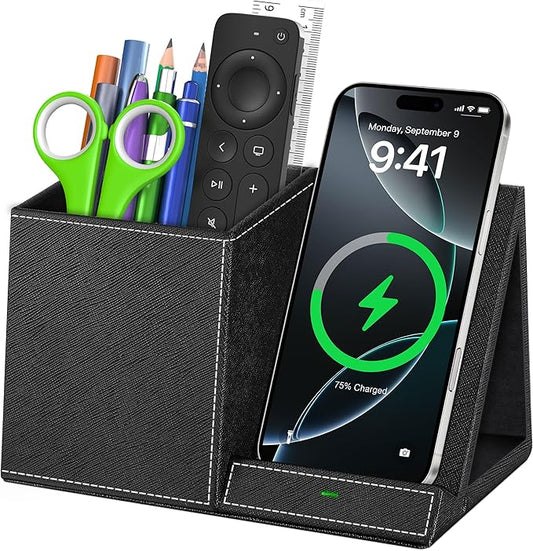 Pen Holder with Wireless Charger, PU Leather Pencil Holder for Desk, Multi-Functional Desktop Organizer, Desk Organizers and Accessories for Home School Office Supplies, Black