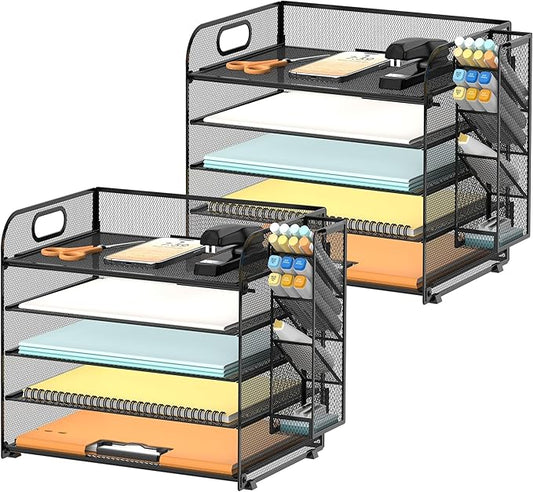 SUPEASY 2 Pack 5 Tier Desk Organizer with Handle & Removable Pen Holders, Mesh Paper/File Organizer for Desk Office Supplies,Black