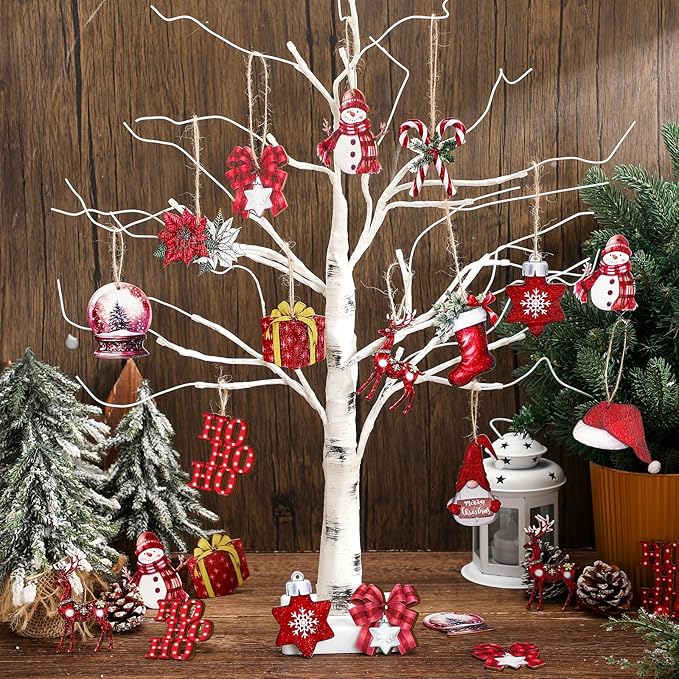 Huwena 36 Pcs Christmas Wooden Ornaments Red Xmas Tree Decorations Snowman Gnomes Poinsettia Flowers Truck Wreath Wood Cutouts Tags with Ropes Winter Christmas Decor for Xmas Tree Home Wreath Gifts