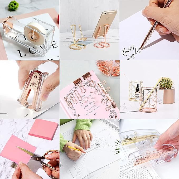 Rose Gold Office Supplies and Accessories, Acrylic Stapler, Staple Remover, Tape Holder, Ballpoint Pen, Scissor, Binder Clips, Staples, Phone Holder, Ruler, Transparent Glue and 300 Notes