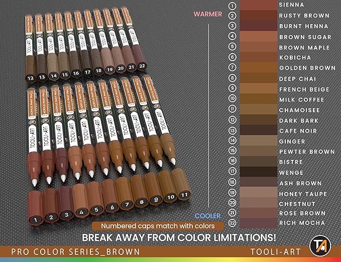 Acrylic Paint Pens 22 Brown Tones Assorted Pro Color Series Markers Set 0.7mm Extra Fine Tip for Rock Painting, Glass, Mugs, Wood, Metal, Canvas, Projects, Non Toxic, Waterbased, Quick Drying