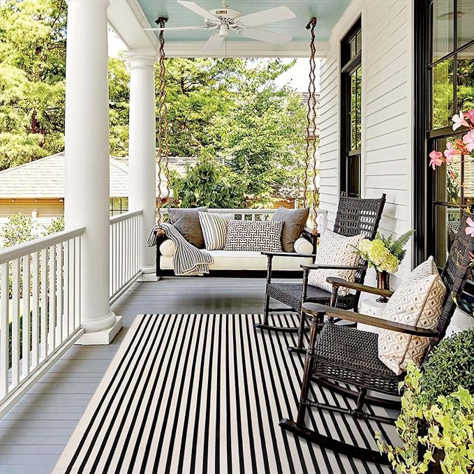 Collive Black and White Outdoor Rug, 5x8ft Striped Outdoor Christmas Rug, Reversible Washable Patio Rugs,Cotton Hand Woven Indoor Area Rug Floor Carpet for Indoor Outdoor Christmas Porch Decor