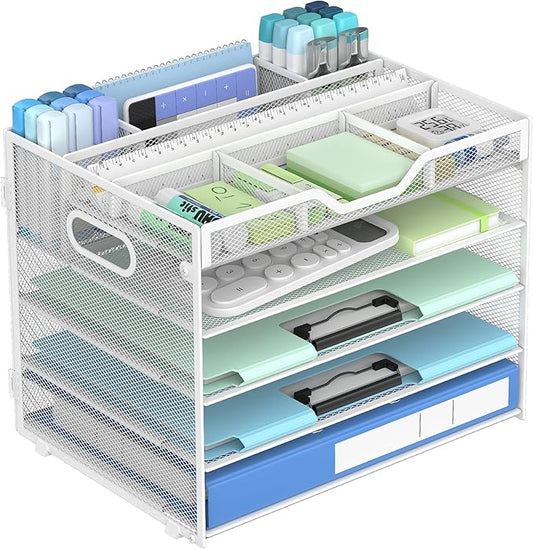 Docnest 5 Tier Mesh Desk Organizer- Letter Tray with Adjustable Compartments, Mesh Desktop Storage Built in Pen Holder and Handles, Desk Organizer Tray for Mail Documents Office Supplies–White