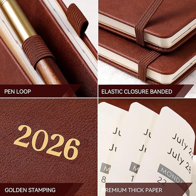 Vondafe 2026 Planner - Weekly and Monthly Planner 2026, Jan.2026 - Dec.2026, 9" x 11", 2026 Calendar Planner with Inner Pocket + Elastic Closure + Pen Loop + Bookmarks, Leather Hardcover - Brown