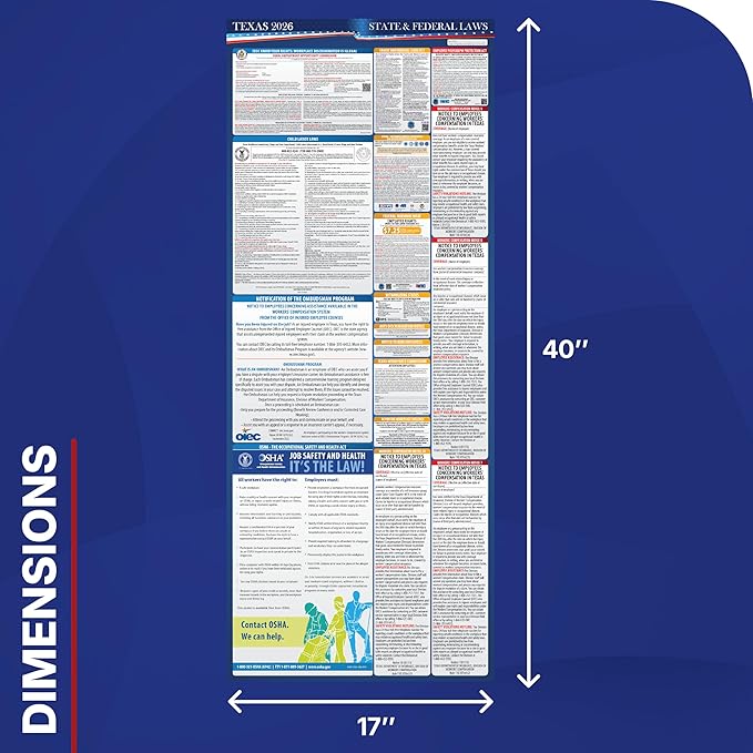 2026 Texas State and Federal Labor Law Poster - English Spanish Combo - OSHA Workplace Compliant - Mandatory Regulations All-In-One Required Compliance Posting for Employees - 17" x 40" - Laminated (Combo)