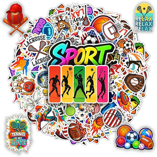 100 PCS Sports Collage Stickers Pack, Vinyl Waterproof Decals of Soccer Basketball Baseball Tennis Football Hockey Bowling, Motivational Gift for Kids Teens Adults Wall Laptop Water Bottle Boy