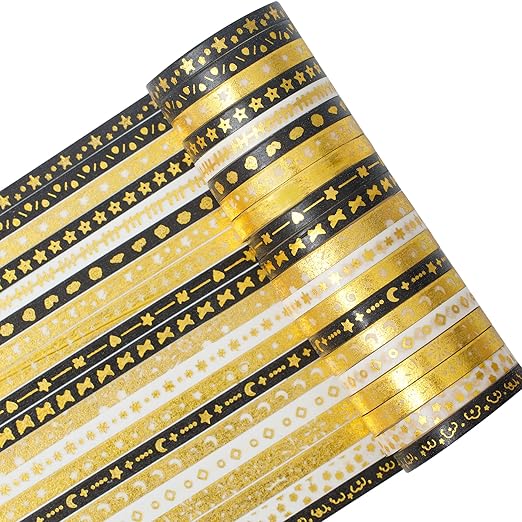 YUBX Skinny Gold Washi Tape Set Basic Foil Print Decorative Masking Tapes for Arts, DIY Crafts, Journals, Planners, Scrapbook, Wrapping (Interstellar Space)