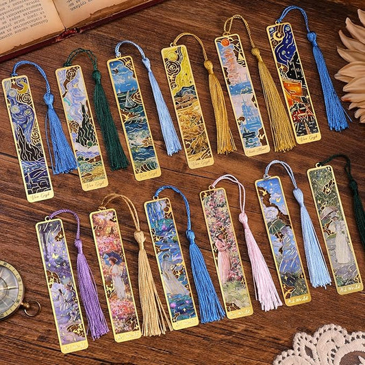 12 Pieces Metal Bookmarks with Tassel, Golden Hollow Bookmark Oil Painting Theme Girl Book Mark Bookmarks for Book Lovers Writers Readers Children Teens Men Women Adults