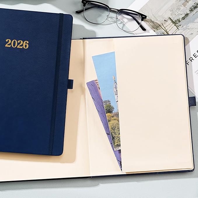 2026 Planner - Planner 2026, Leather Calendar Weekly and Monthly, 9"x11", Jan 2026 - Dec 2026, Leather Hardcover, Pen Loop, Elastic Closure, Pocket - Navy