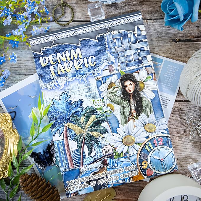 Snycler Denim Fabric Theme Sticker Scrapbooking Supplies for Junk Journal, 20 Sheets PET Stickers - Vintage Journaling Stickers, Ephemera Sticker Book Pre Cut, Planner, Junk Journal Supplies