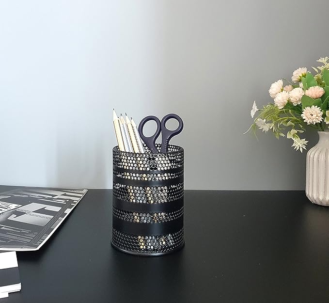 Pen Holder for Desk, Metal Mesh Pencil Holder Cup Organizer Office Stationery Caddy Stand Makeup Brush Holder, Black (1 ea)