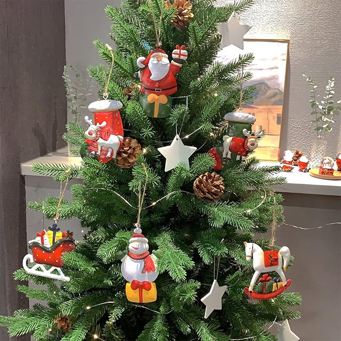Metal Christmas Tree Ornaments 6-Pack Xmas Hanging Ornaments Santa Snowman Christmas Stocking Sleigh Ornaments for Tree Holiday Decorations, Outdoor Holiday Home Decorations